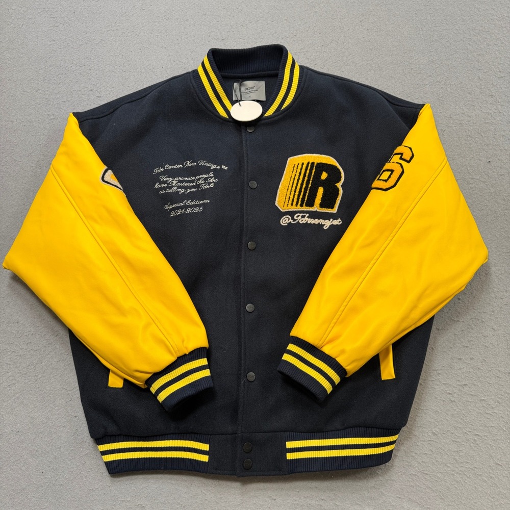 FDR Varsity Jacket Mens XL Navy Blue Yellow Quilted Snap Front Bomber Streetwear